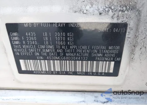 2013 Subaru Legacy 2.5I Premium из США, поврежденный, VIN 4S3BMCG68D3044132